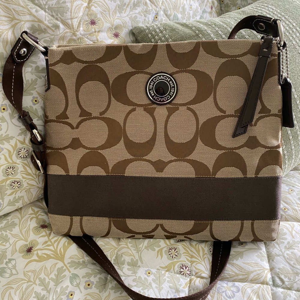 Coach Signature Stripe File Bag Khaki Brown